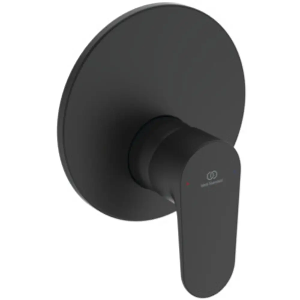 Schwarze Brausearmatur von Ideal Standard mit runder Rosette und einem Hebel zur Steuerung von Wasserfluss und Temperatur.